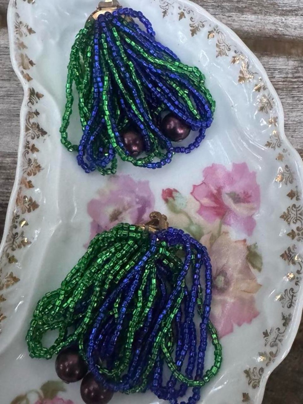 80’s vintage Beaded Tassel Earrings in Green & Blue with black Pearls